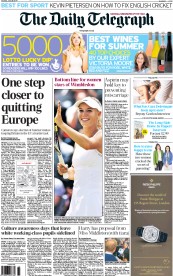The Daily Telegraph Newspaper Front Page (UK) for 28 June 2014