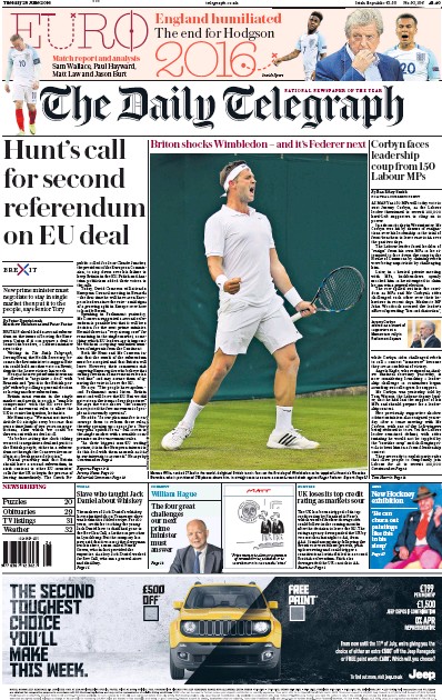 The Daily Telegraph Newspaper Front Page (UK) for 28 June 2016