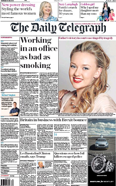 The Daily Telegraph Newspaper Front Page (UK) for 28 July 2016