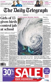 The Daily Telegraph Newspaper Front Page (UK) for 29 October 2012