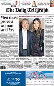 The Daily Telegraph Newspaper Front Page (UK) for 29 January 2015