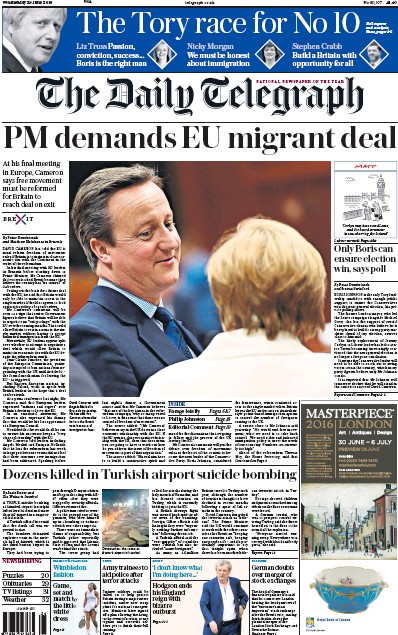 The Daily Telegraph Newspaper Front Page (UK) for 29 June 2016