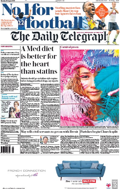 The Daily Telegraph Newspaper Front Page (UK) for 29 August 2016