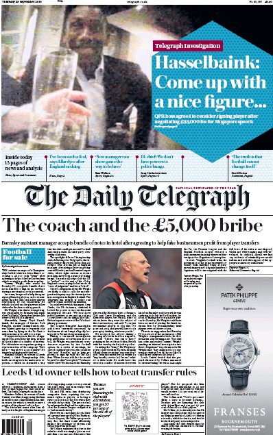 The Daily Telegraph Newspaper Front Page (UK) for 29 September 2016