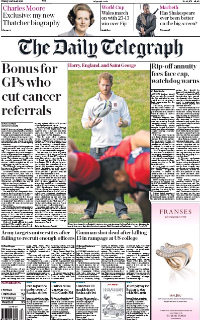 The Daily Telegraph Newspaper Front Page (UK) for 2 October 2015