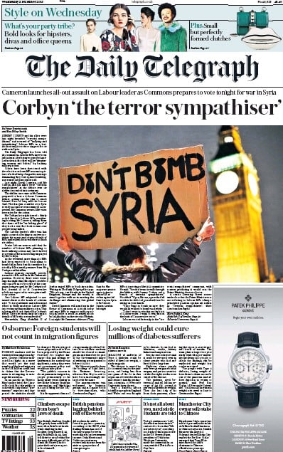 The Daily Telegraph Newspaper Front Page (UK) for 2 December 2015