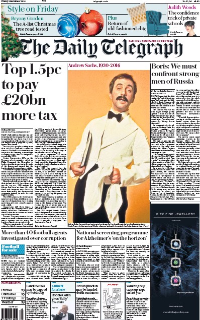 The Daily Telegraph Newspaper Front Page (UK) for 2 December 2016