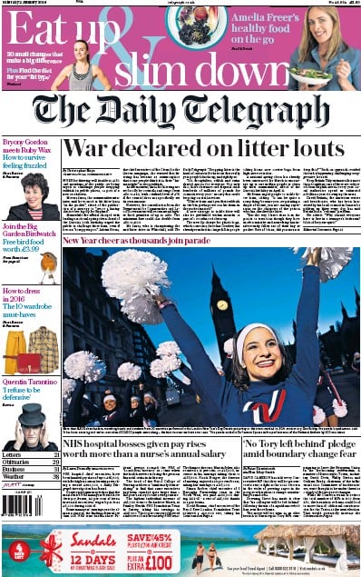 The Daily Telegraph Newspaper Front Page (UK) for 2 January 2016