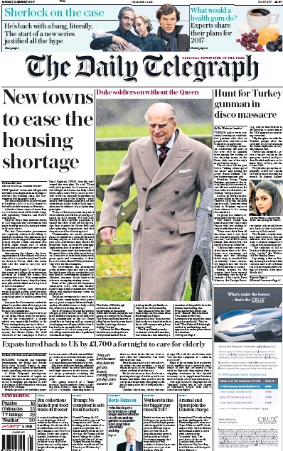 The Daily Telegraph Newspaper Front Page (UK) for 2 January 2017