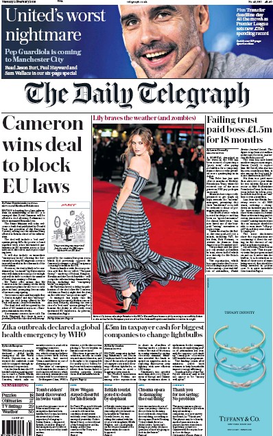 The Daily Telegraph Newspaper Front Page (UK) for 2 February 2016