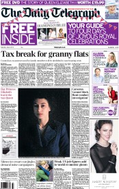 The Daily Telegraph (UK) Newspaper Front Page for 2 June 2012