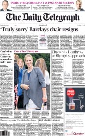 The Daily Telegraph Newspaper Front Page (UK) for 2 July 2012