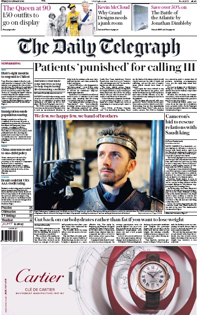The Daily Telegraph Newspaper Front Page (UK) for 30 October 2015