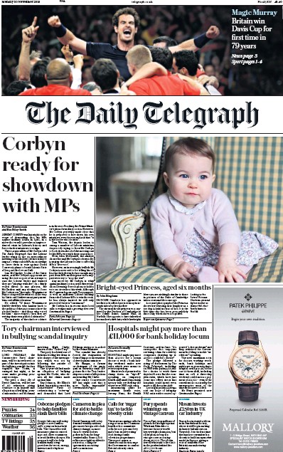 The Daily Telegraph Newspaper Front Page (UK) for 30 November 2015