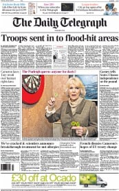 The Daily Telegraph Newspaper Front Page (UK) for 30 January 2014