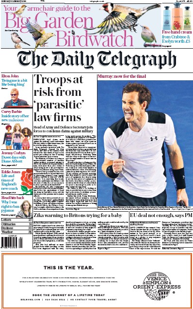 The Daily Telegraph Newspaper Front Page (UK) for 30 January 2016