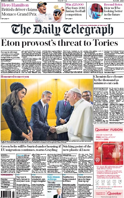 The Daily Telegraph Newspaper Front Page (UK) for 30 May 2016