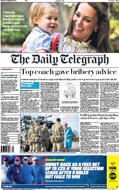 The Daily Telegraph Newspaper Front Page (UK) for 30 September 2016