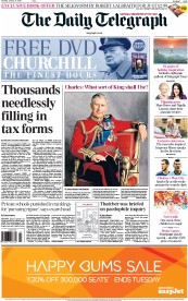 The Daily Telegraph Newspaper Front Page (UK) for 31 January 2015