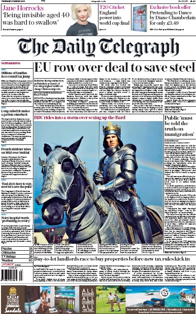 The Daily Telegraph Newspaper Front Page (UK) for 31 March 2016