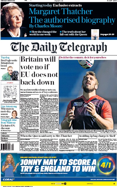 The Daily Telegraph Newspaper Front Page (UK) for 3 October 2015