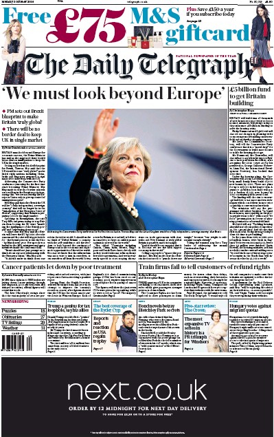 The Daily Telegraph Newspaper Front Page (UK) for 3 October 2016