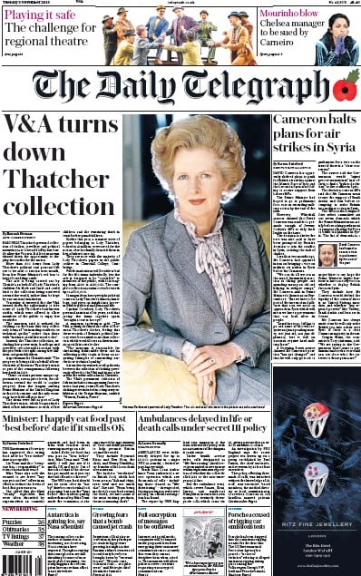 The Daily Telegraph Newspaper Front Page (UK) for 3 November 2015