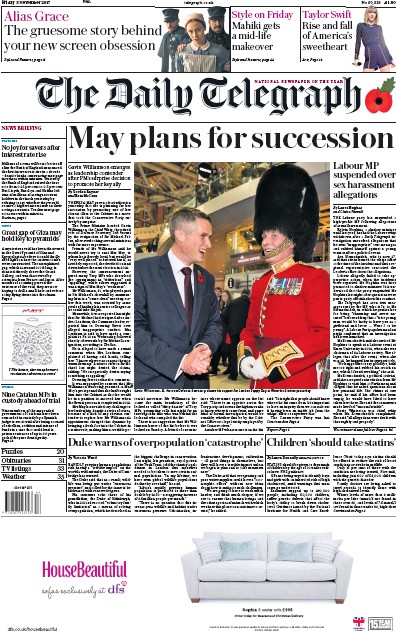 The Daily Telegraph Newspaper Front Page (UK) for 3 November 2017