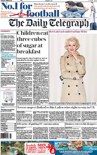 The Daily Telegraph Newspaper Front Page (UK) for 3 January 2017