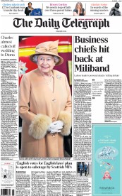 The Daily Telegraph Newspaper Front Page (UK) for 3 February 2015
