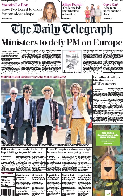 The Daily Telegraph Newspaper Front Page (UK) for 3 February 2016