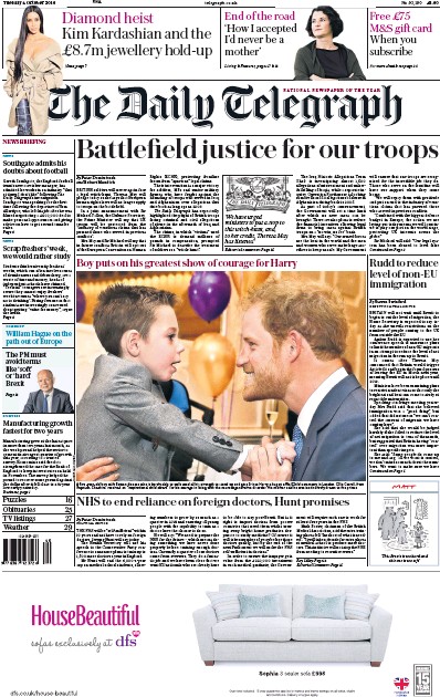 The Daily Telegraph Newspaper Front Page (UK) for 4 October 2016
