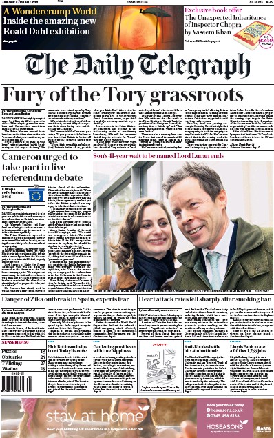 The Daily Telegraph Newspaper Front Page (UK) for 4 February 2016