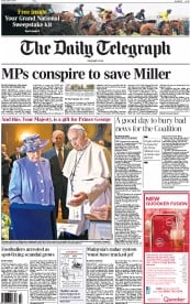The Daily Telegraph Newspaper Front Page (UK) for 4 April 2014