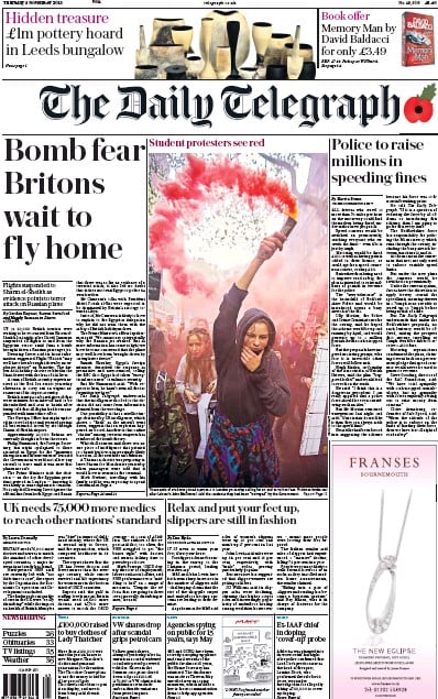The Daily Telegraph Newspaper Front Page (UK) for 5 November 2015