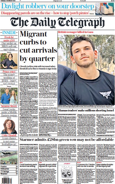 The Daily Telegraph Newspaper Front Page (UK) for 5 December 2023