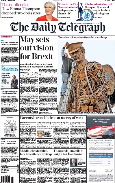The Daily Telegraph Newspaper Front Page (UK) for 5 January 2017