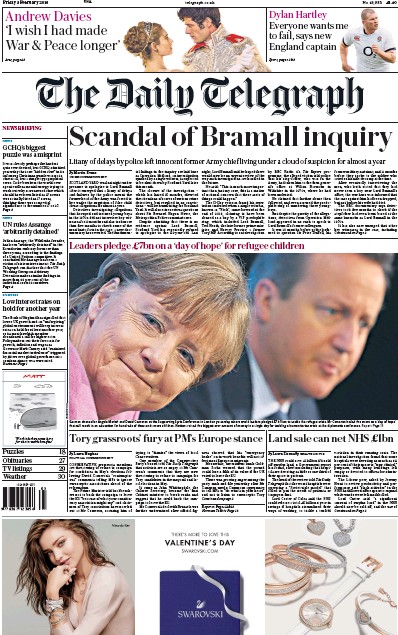 The Daily Telegraph Newspaper Front Page (UK) for 5 February 2016