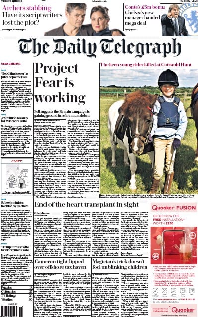 The Daily Telegraph Newspaper Front Page (UK) for 5 April 2016