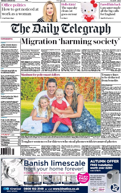 The Daily Telegraph Newspaper Front Page (UK) for 6 October 2015