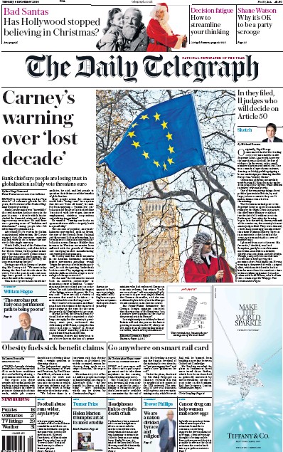 The Daily Telegraph Newspaper Front Page (UK) for 6 December 2016