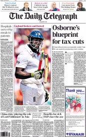 The Daily Telegraph Newspaper Front Page (UK) for 6 January 2014