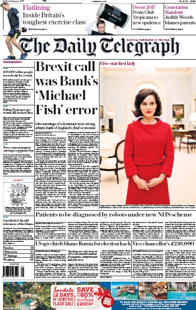 The Daily Telegraph Newspaper Front Page (UK) for 6 January 2017