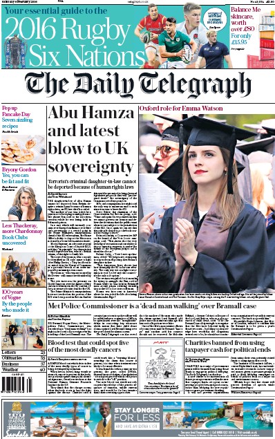 The Daily Telegraph Newspaper Front Page (UK) for 6 February 2016