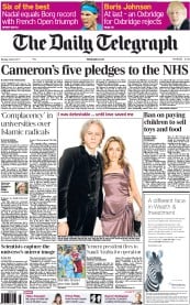 The Daily Telegraph Newspaper Front Page (UK) for 6 June 2011