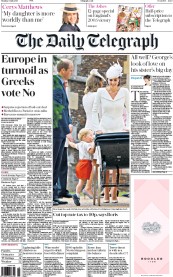 The Daily Telegraph Newspaper Front Page (UK) for 6 July 2015
