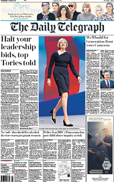 The Daily Telegraph Newspaper Front Page (UK) for 7 October 2015
