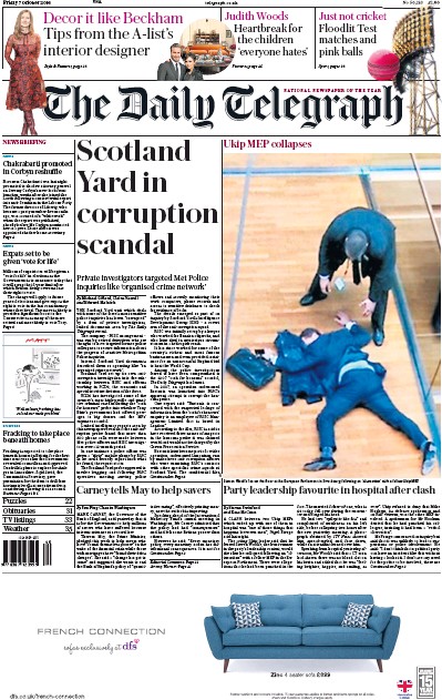 The Daily Telegraph Newspaper Front Page (UK) for 7 October 2016