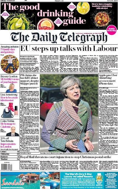 The Daily Telegraph Newspaper Front Page (UK) for 7 October 2017