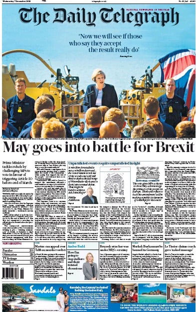 The Daily Telegraph Newspaper Front Page (UK) for 7 December 2016